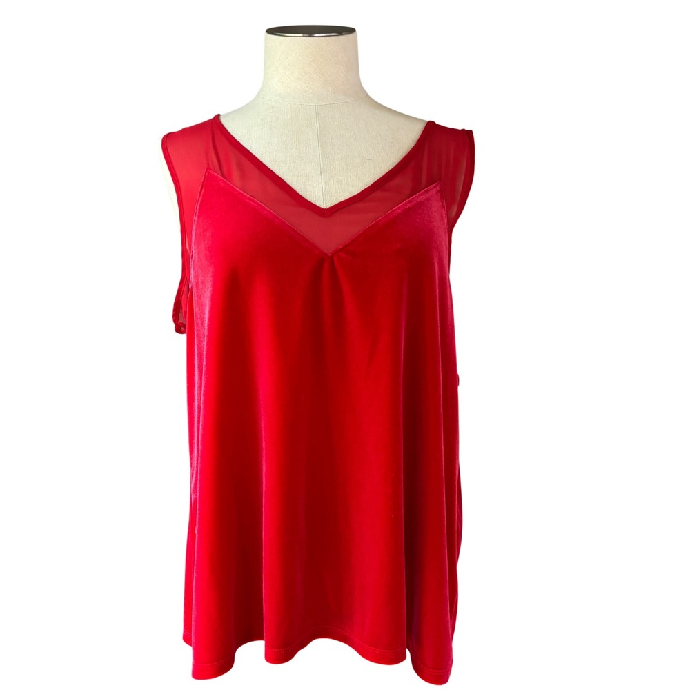 INC International Concepts Women's XXL Red Velour-Look Sheer Mesh V-Neck Top